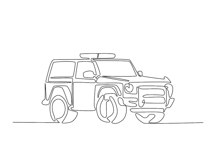Vector dibujo continuo de una línea de un coche de policía o policía con luces y sirena encendidas