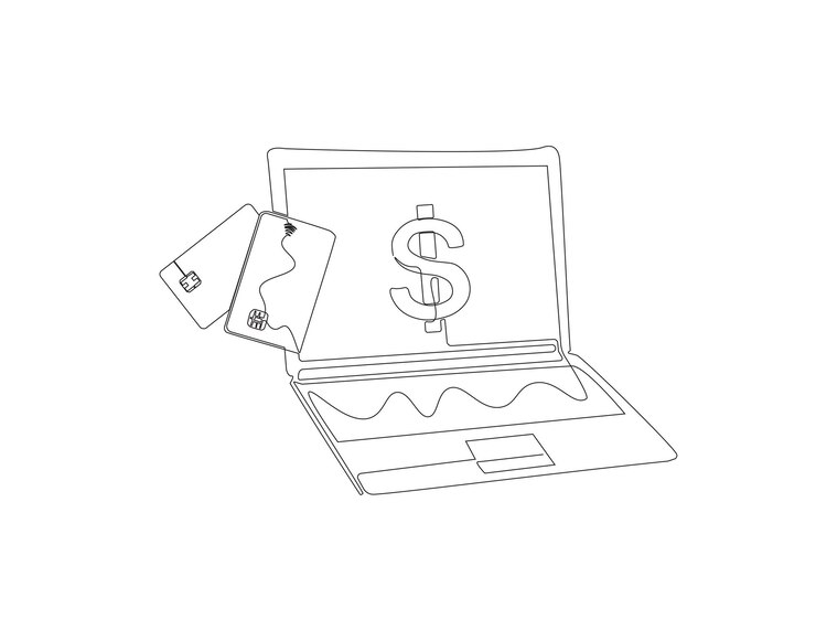 Vector dibujo continuo de una línea de computadora portátil con tarjetas de crédito dibujo de una línea única ilustración de una computadora portatil con cartas de crédito comercio electrónico negocios de compras concepto de arte de línea esbozo editable