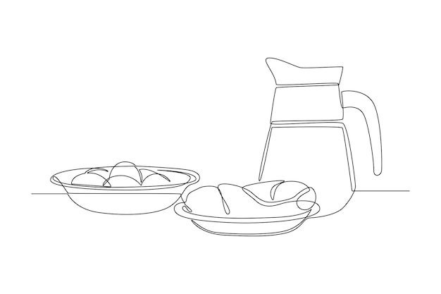 Dibujo continuo de una línea Concepto de comida saludable Verduras frutas y leche Doodle ilustración vectorial