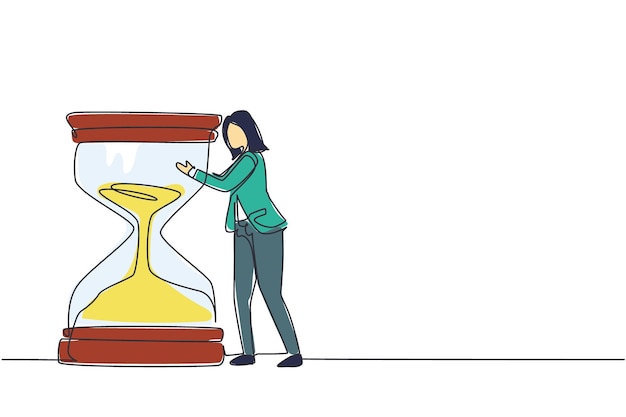 Vector un dibujo continuo de una línea confiada joven mujer de negocios abrazando una enorme ilustración de reloj de arena