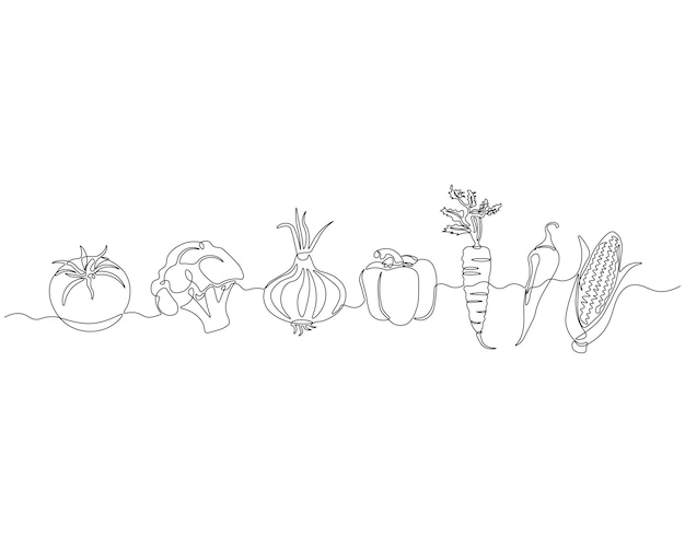 Dibujo continuo de una línea de un conjunto de verduras Dibujo de una línea Ilustración de un grupo de verduras maduras Verduras verduras frescas concepto de arte de línea Esbozo editable
