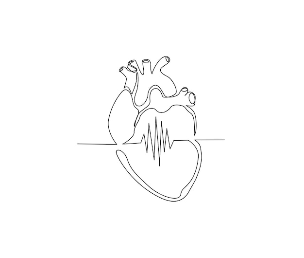 Dibujo continuo de una línea del corazón humano Corazón y arte de línea de onda dibujo ilustración vectorial Concepto de arte de medicina saludable
