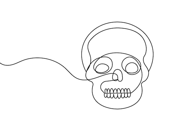 Dibujo continuo de una línea de cráneo humano e ilustración vectorial de contorno aislado de estilo minimalista