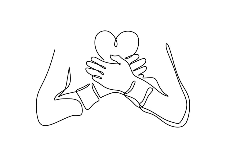 Dibujo continuo de una línea de cruzar la mano en el pecho con forma de corazón