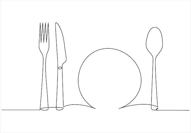 Dibujo continuo de una línea de cuchara de cuchillo de tenedor y placa de ilustración de arte vectorial de línea