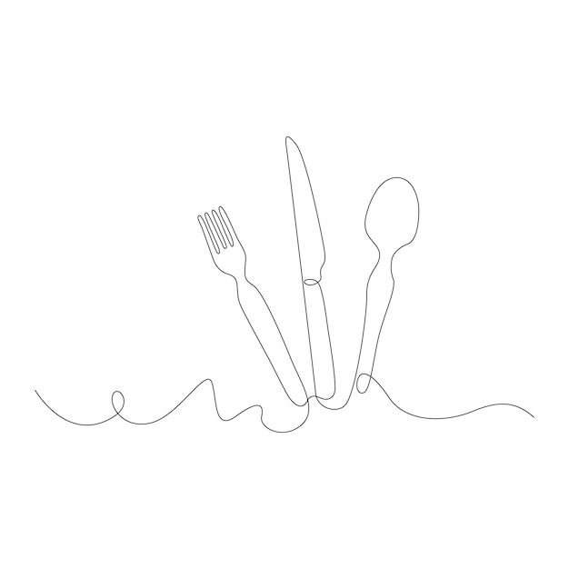 Dibujo continuo de una línea cucharas horquillas cuchillos utensilios para comer ilustración