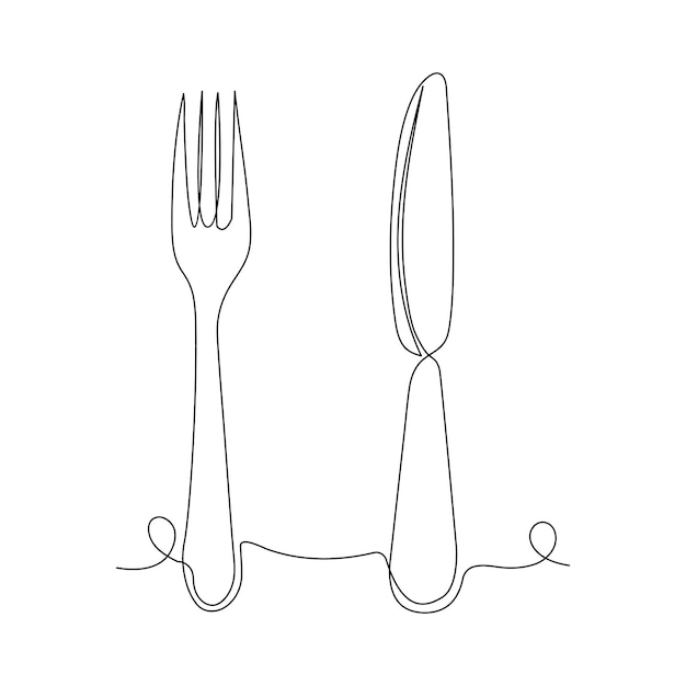 Dibujo continuo de una línea de cuchillo y tenedor de placa dibujado a mano. Ilustración de arte vectorial de doodle