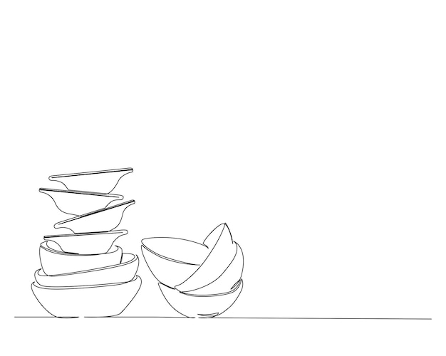 Dibujo continuo de una línea de cuencos apilados