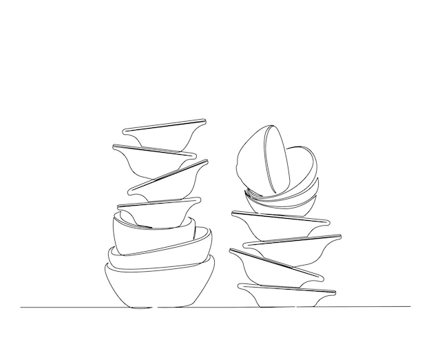 Dibujo continuo de una línea de cuencos apilados