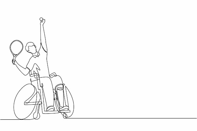 Dibujo continuo de una línea deporte de tenis en silla de ruedas Atleta en silla De ruedas con vector de diseño de raqueta