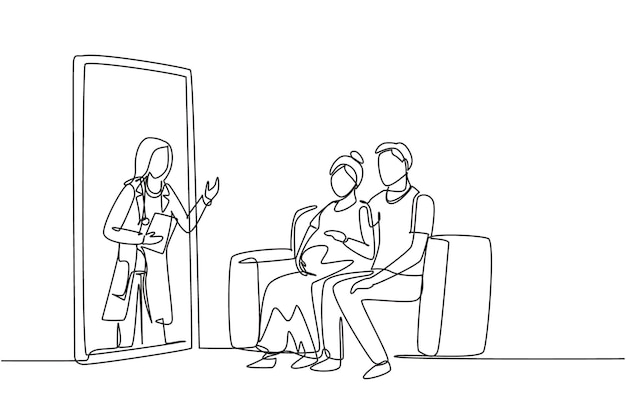 Un dibujo continuo de una línea de una doctora sale de un teléfono inteligente frente al vector de diseño del paciente