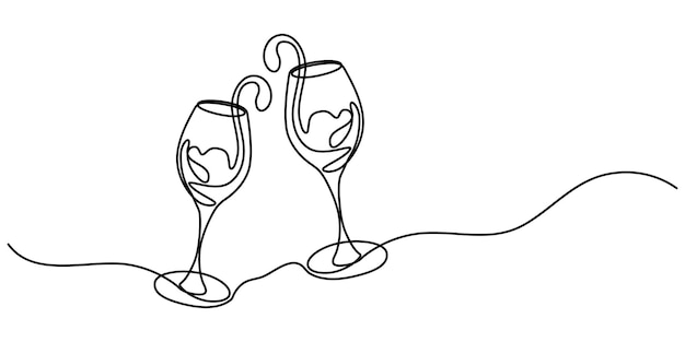 Dibujo continuo de una línea de dos copas de vino rojo Dos copas de vinilo rojo en uno continuo