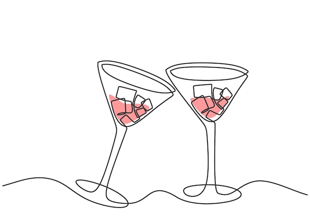 Dibujo continuo de una línea dos copas de vino tinto para aplausos celebración de la fiesta con alcohol diseño minimalista con simplicidad dibujada a mano aislada sobre fondo blanco ilustración de champán vectorial