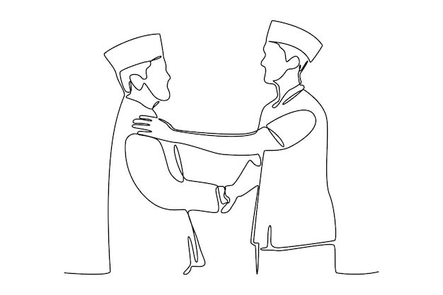 Dibujo continuo de una línea de dos hombres saludándose y abrazándose el uno al otro Feliz día de amistad con la familia y servir a la gente Amistad concepto minimalista Dibujo de línea única vector de diseño