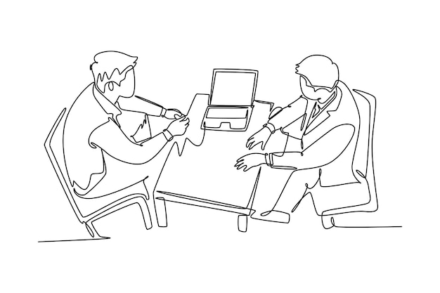 Vector dibujo continuo de una línea de dos jóvenes empresarios que exploran nuevos negocios y discuten un acuerdo para fusionar sus negocios concepto de acuerdo de negocios dibujo de línea única ilustración gráfica vectorial de diseño