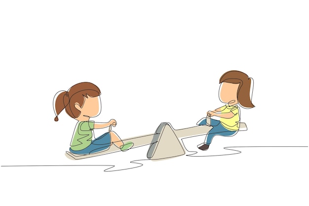Dibujo continuo de una línea de dos niñas pequeñas balanceándose en el columpio Niños divirtiéndose en el patio de recreo Niños lindos jugando al columpio juntos felices en el parque Dibujo de una línea de diseño gráfico vectorial