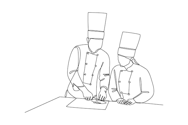 Dibujo continuo de una línea dos personas están teniendo una clase de cocina Concepto Class it up