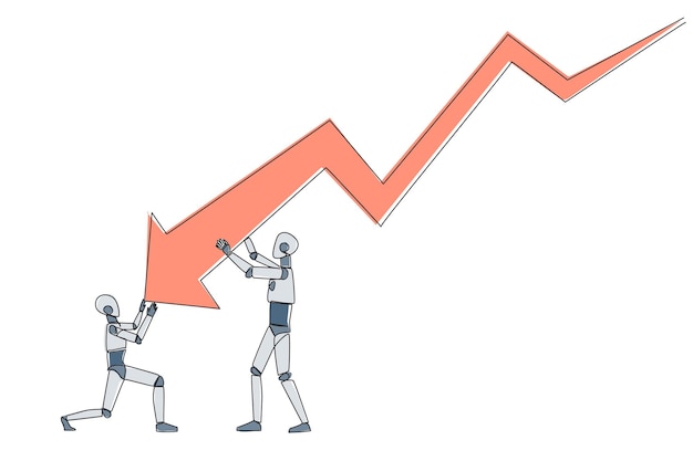 Dibujo continuo de una línea de dos robots con grandes gráficos de flechas que se desploman hacia abajo en el vector de diseño