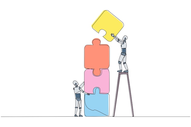 Dibujo continuo de una línea de dos robots que montan un rompecabezas Vector de diseño de robots de trabajo en equipo