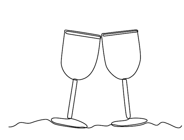 Dibujo continuo de una línea de dos vasos de vino tinto Concepto lineal minimalista de celebrar