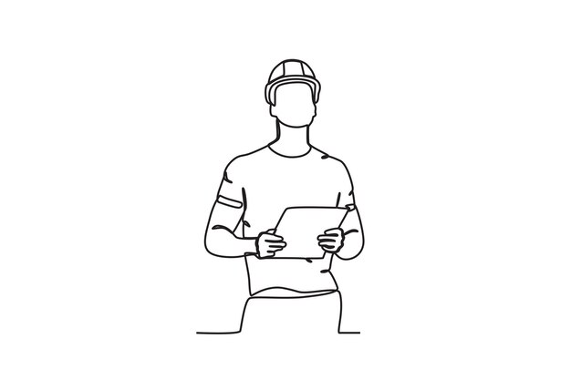 Dibujo continuo de una línea El empleado del almacén está mirando las mercancías Vecto de diseño de dibujo de una línea