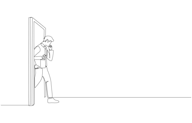 Dibujo continuo de una línea de un empleado despedido saliendo de la puerta de la oficina con una caja de pertenencias