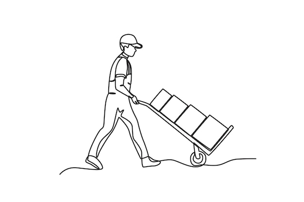 Dibujo continuo de una línea Un empleado que lleva un paquete al almacén Diseño de dibujo de una línea