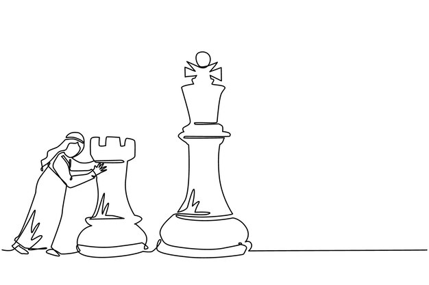 Dibujo continuo de una línea Empresario árabe empuja una enorme pieza de ajedrez de torre Estrategia de negocios y plan de marketing Movimiento estratégico en el concepto de negocio Dibujo de línea única Diseño de ilustración gráfica vectorial