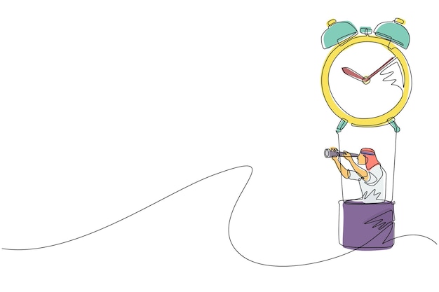 Dibujo continuo de una línea empresario árabe gerente o empleado montar globo de aire caliente despertador