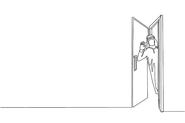Un dibujo continuo de una línea empresario árabe mirando desde detrás de la puerta abierta hombre mirando a la puerta