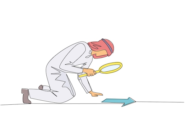 Dibujo continuo de una línea Empresario árabe miró hacia abajo comprobando las flechas con el vector de ampliación