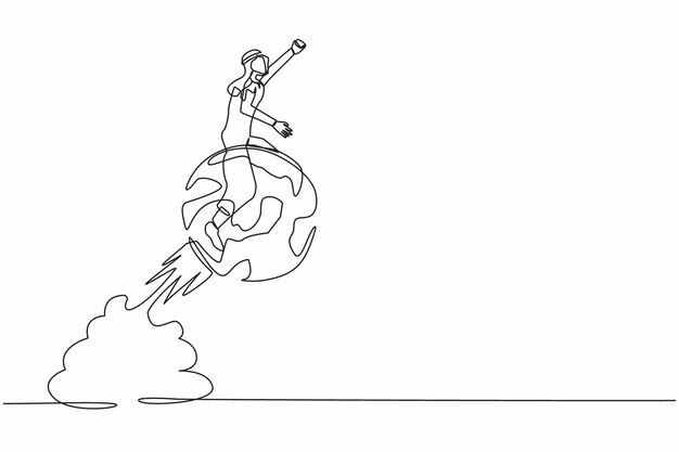 Dibujo continuo de una línea empresario árabe montando un cohete de esfera globo volando en el cielo ilustración