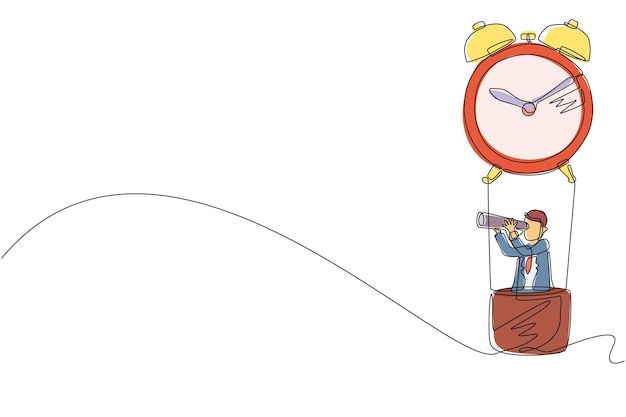Dibujo continuo de una línea empresario gerente o empleado paseo globo de aire caliente reloj de alarma vector