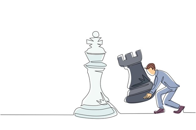 Un dibujo continuo de una línea empresario con la torre pieza de ajedrez vencer al rey ajedrez estrategia de negocios