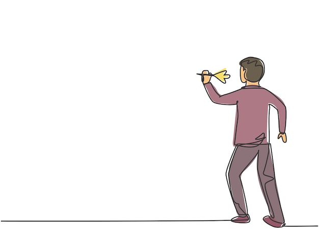 Dibujo continuo de una línea de enfoque de trabajador masculino para alcanzar el objetivo con un vector de objetivo comercial preciso de dardo