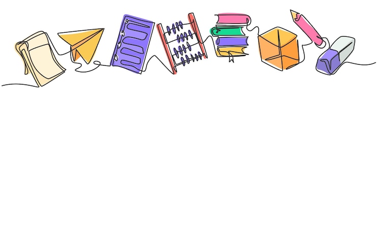 Vector dibujo continuo de una línea de equipo escolar conjunto ábaco bloc de notas papel lápiz diseño vector
