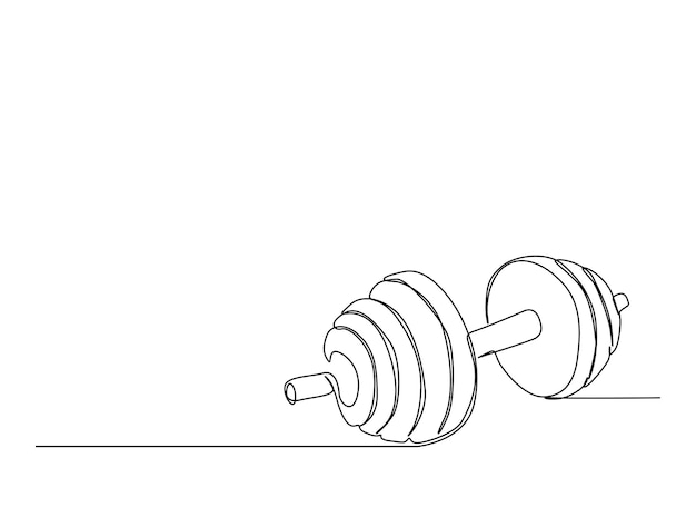 Dibujo continuo de una línea de equipos de gimnasia Dumbbell Barbell