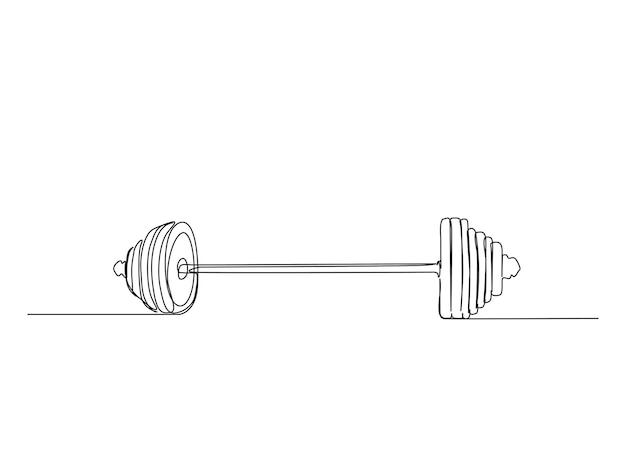 Dibujo continuo de una línea de equipos de gimnasia Dumbbell Barbell