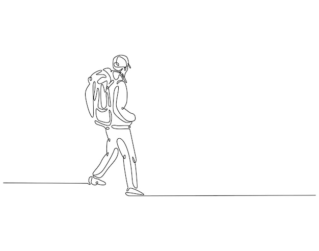 Dibujo continuo de una línea de un escalador o excursionista Un dibujo de una línea ilustración de un excursionista caminando a la montaña Concepto de turismo de viajeros línea única Esbozo editable