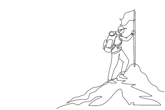 Dibujo continuo de una línea de escalador en uniforme con bandera en montañas nevadas vector de vista de la cumbre del pico.