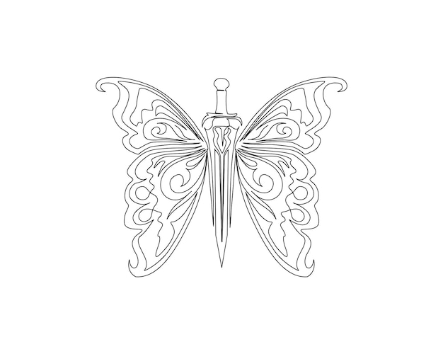 Dibujo continuo de una línea de espada con alas de mariposa