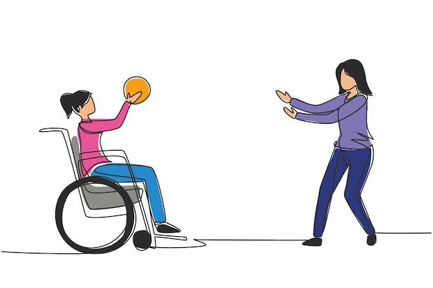 Dibujo continuo de una línea estilo de vida de personas discapacitadas Una niña en silla de ruedas jugando a la pelota