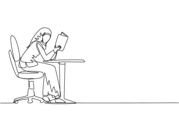 Dibujo continuo de una línea de una estudiante árabe leyendo un libro en la librería de la biblioteca y sentada en una silla.