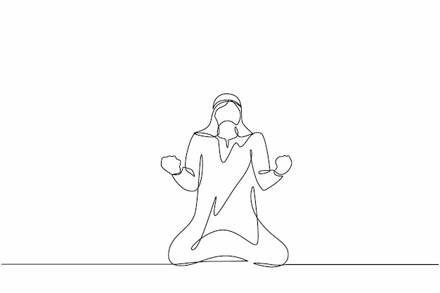 Un dibujo continuo de una línea de un feliz hombre de negocios árabe arrodillado con ambas manos para hacer un gesto de sí