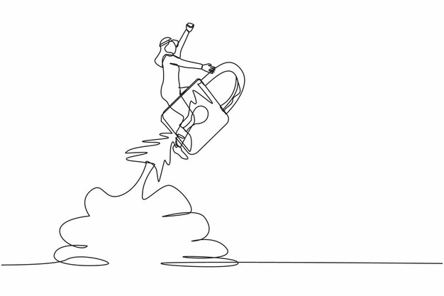 Un dibujo continuo de una línea feliz hombre de negocios árabe montando un carrito de compras cohete volando en el cielo