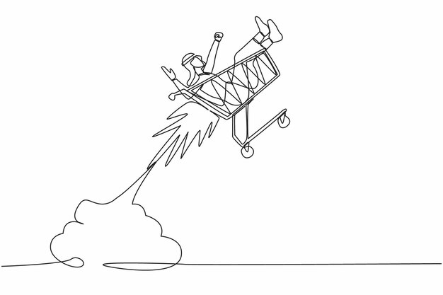 Un dibujo continuo de una línea feliz hombre de negocios árabe montando un carrito de compras cohete volando en el cielo