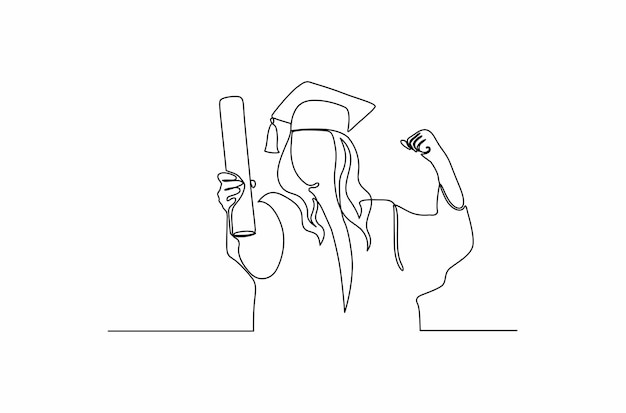 Dibujo continuo de una línea de feliz joven estudiante graduada con traje de graduación premium