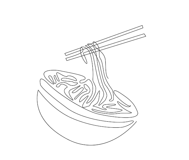 Vector dibujo continuo de una línea de fideos asiáticos en el tazón ramen dibujo de arte de una sola línea ilustración vectorial