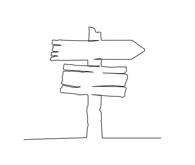 Dibujo continuo de una línea de flechas de señal de dirección de carretera Tablero de señal de información de madera texturizada ilustración vectorial dibujada a mano