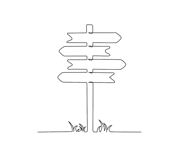 Dibujo continuo de una línea de flechas de señalización de dirección de carretera Tablero de señalización de dirección en ilustración de vector dibujado a mano de poste